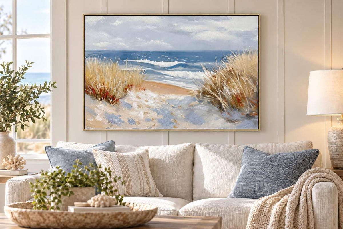 Beyond The Dune Grass - 47 X 32 - Hand-Embellished Canvas In Frame - Blue