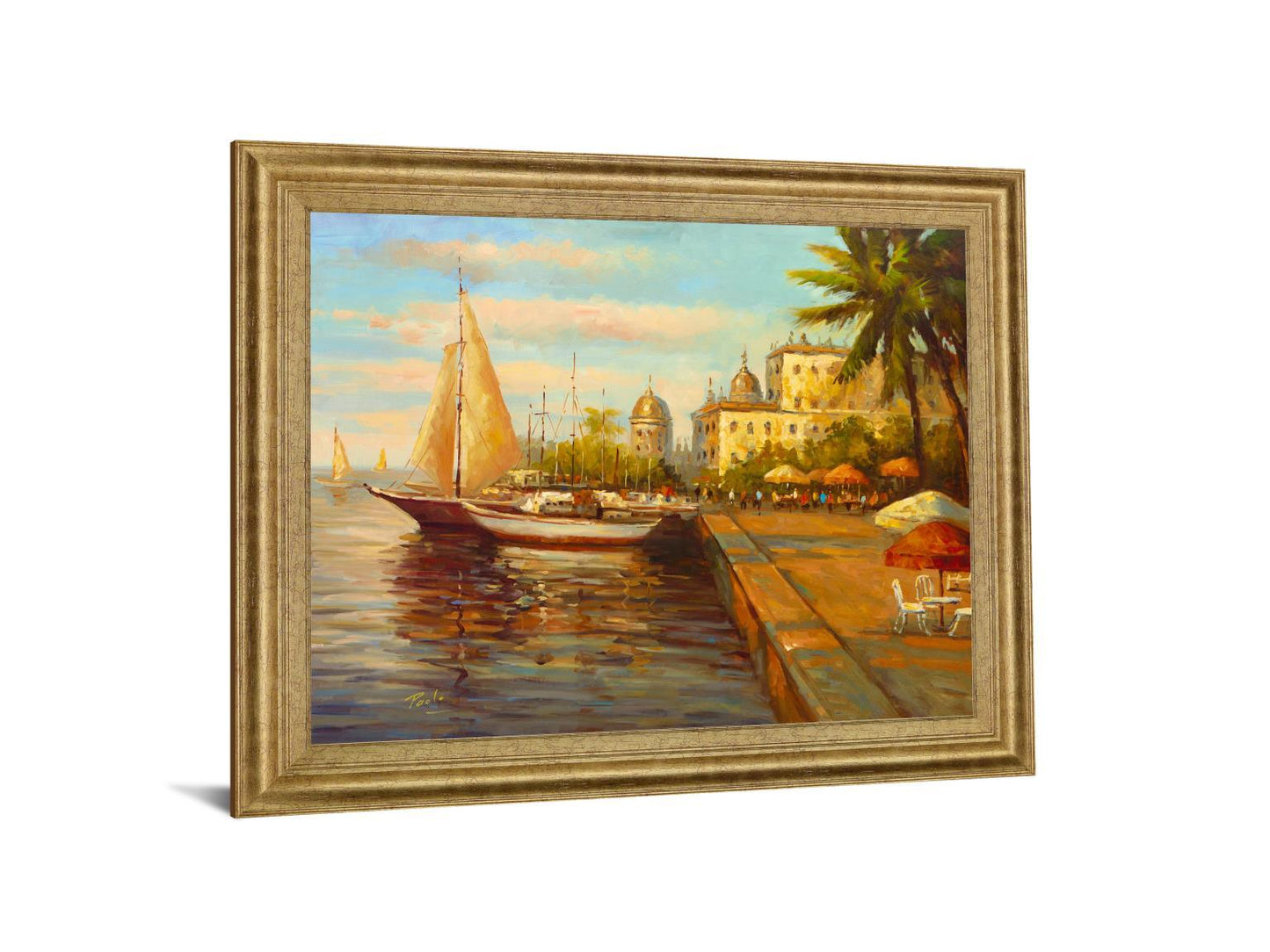 Sunlit Marina Promenade - 28" x 34" Framed Wall Art