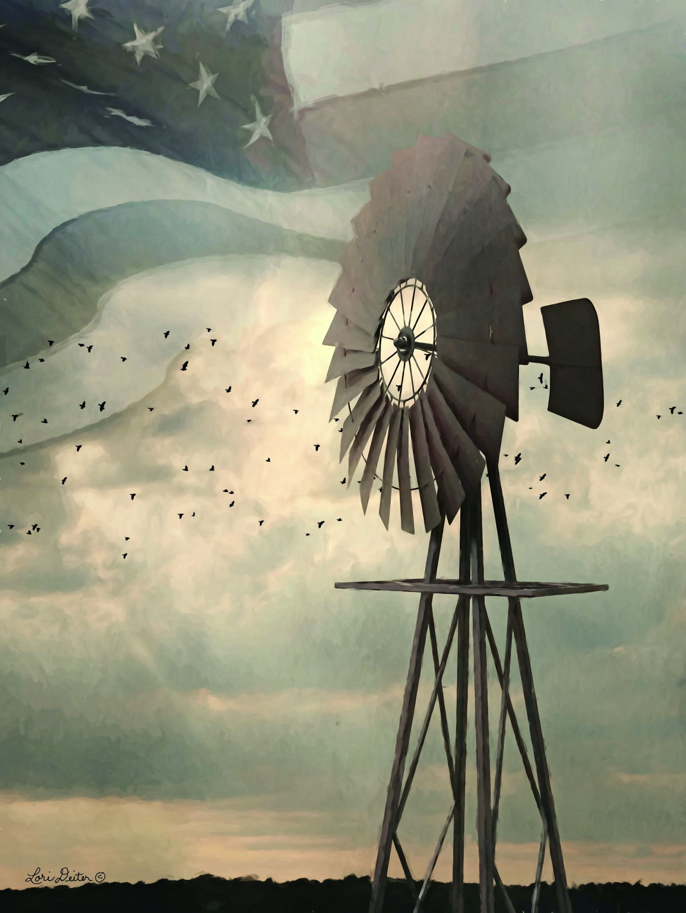 Framed - Land That I Love Windmill By Lori Deiter - Beige