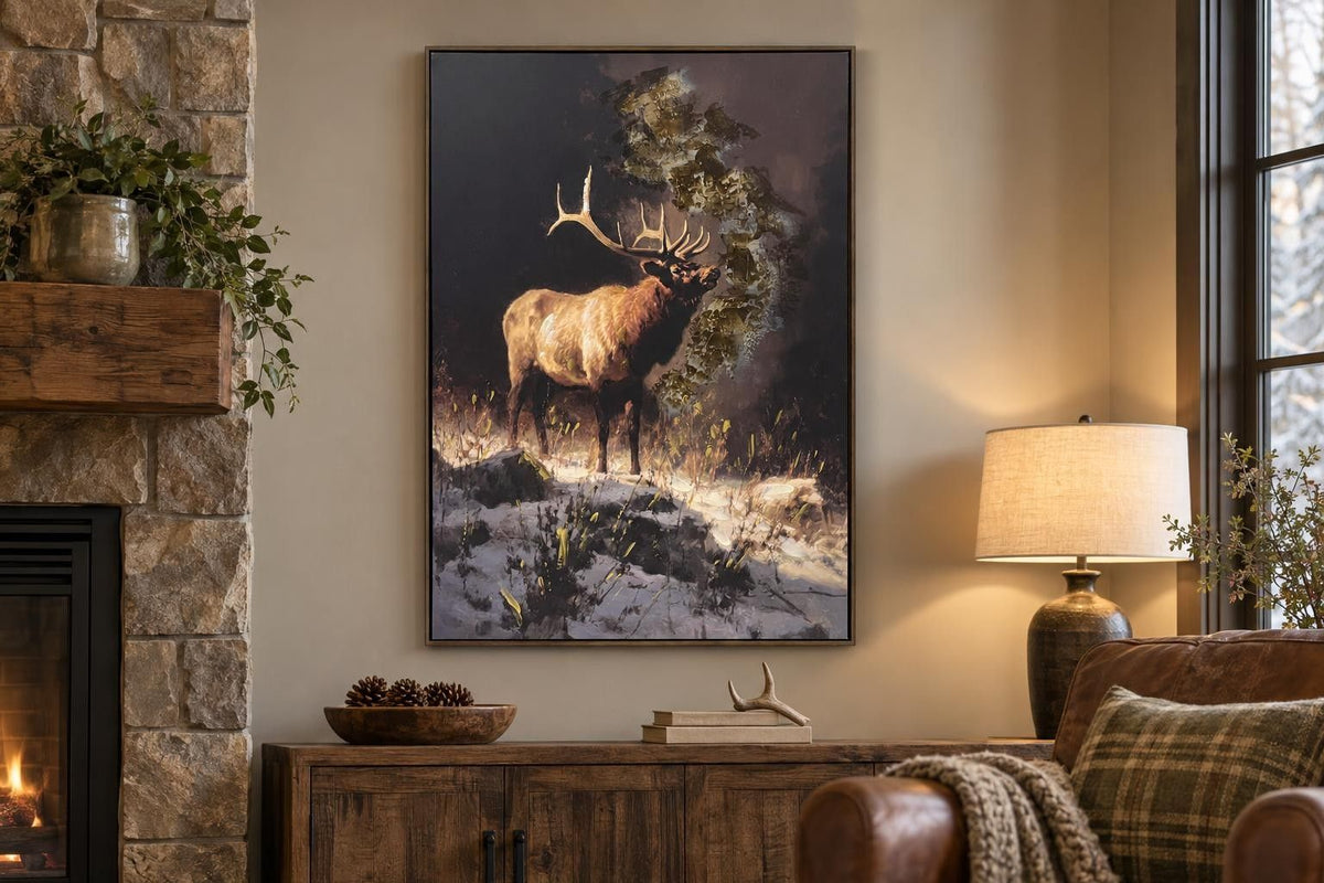 Elk At Dusk - 28 X 40 - Hand-Embellished Canvas In Frame - Brown