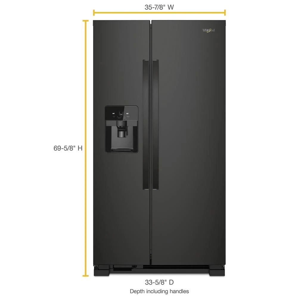 36" Wide Side-By-Side Refrigerator, 25 Cubic Feet, Frameless Glass Shelves - Black