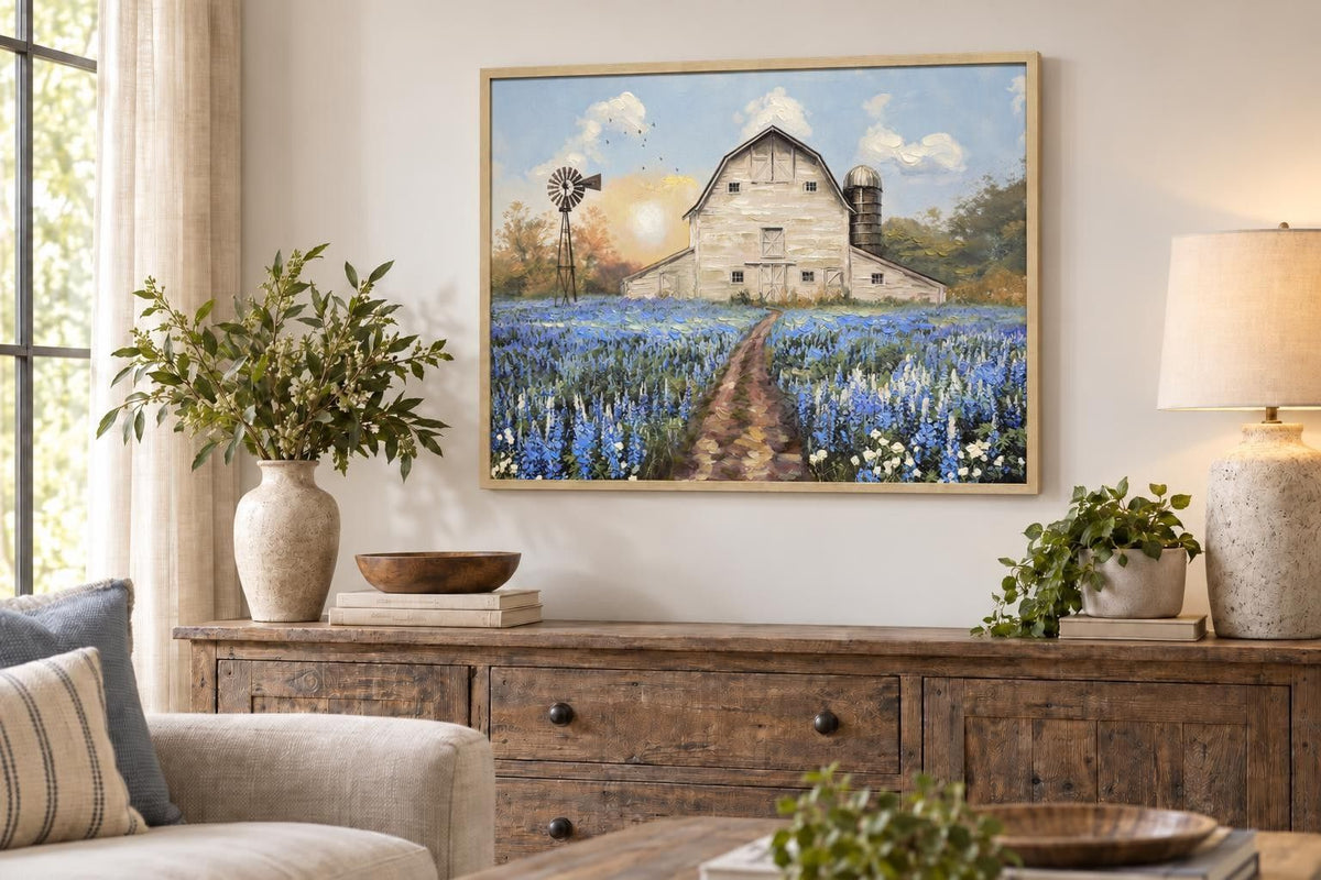 Bluebonnet Homestead - 40 X 30 - Hand-Embellished Canvas In Frame - Blue