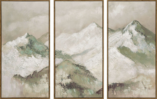Sage Summit - 60 X 40 - Hand-Embellished Canvas Triptych In Frame - Ivory, Sage Green, Beige