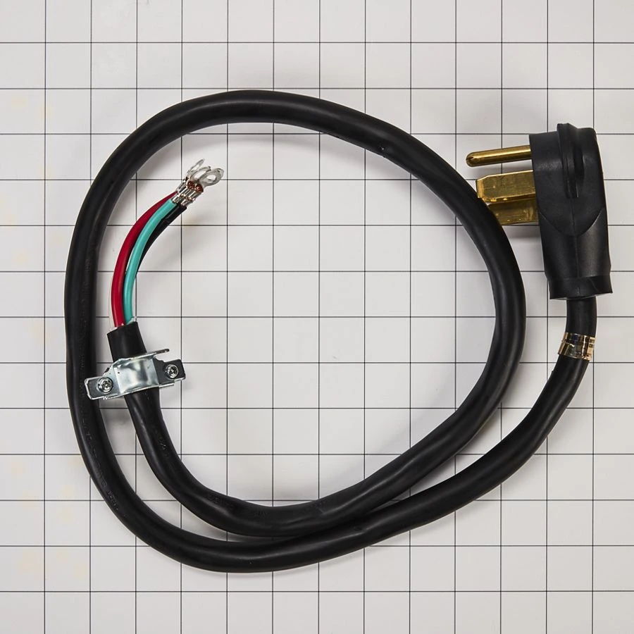 4' 4-Wire Range Power Cord, Rated 40 A, With 4-Wire, 4-Ring Terminal Connectors, And Right-Angle 4-Prong Plug - Black
