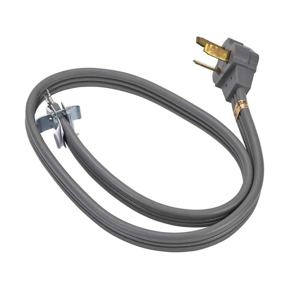 4' Electric Range Power Cord Rated 50 A, With 3-Wire 3-Ring Terminal Connectors, And Right-Angle 3-Prong Plug - Gray