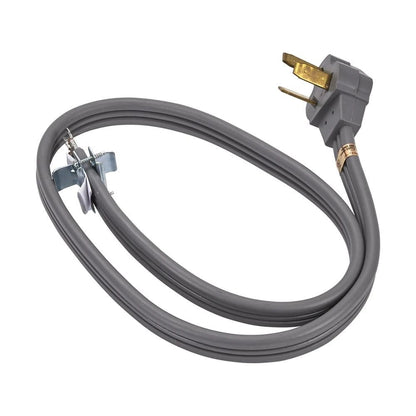 4' Electric Range Power Cord Rated 50 A, With 3-Wire 3-Ring Terminal Connectors, And Right-Angle 3-Prong Plug - Gray