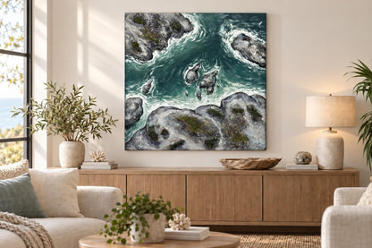 Tide Through Stone - 40 X 40 - Hand-Painted Wrapped Canvas With Faux Moss - Teal