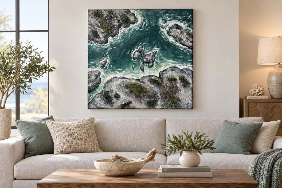 Tide Through Stone - 40 X 40 - Hand-Painted Wrapped Canvas With Faux Moss - Teal