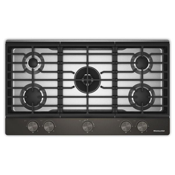 KitchenAid 36" Gas Cooktop With 5 Burners And Integrated Wok Grate, 20,000 BTU Professional Dual Ring Burner - Black Ore
