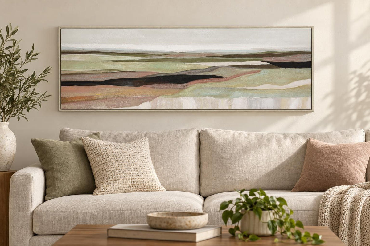 Sage Valley Reverie - 60 X 20 - Hand-Painted Canvas In Frame - Sage Green, Dusty Rose, Cream, Charcoal