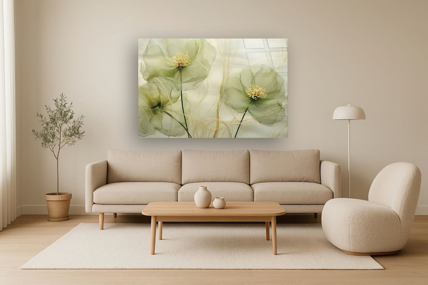 Temp Glass With Foil - Green Whispy Floral - Green