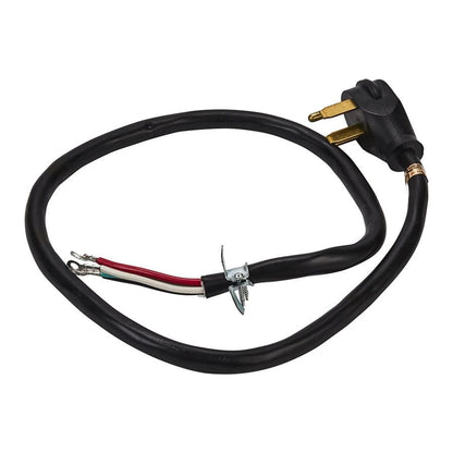 4' 4-Wire Range Power Cord, Rated 40 A, With 4-Wire, 4-Ring Terminal Connectors, And Right-Angle 4-Prong Plug - Black