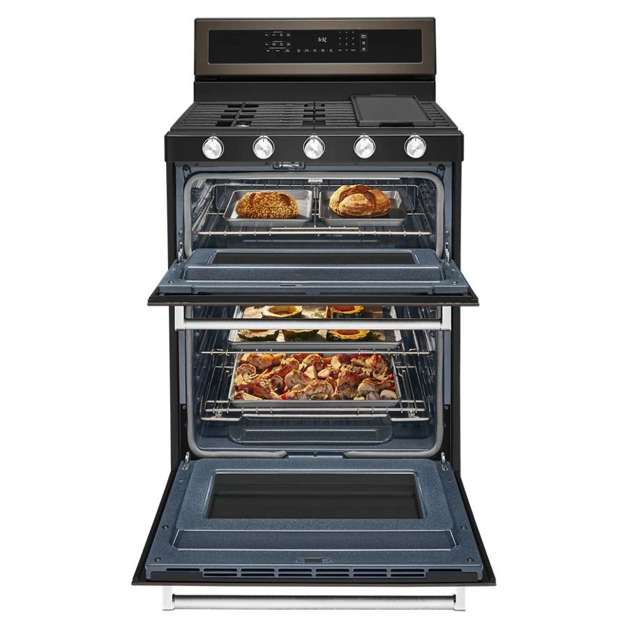 30" 5 Burner Gas Double Oven Convection Range - Black Stainless Steel With PrintShield Finish