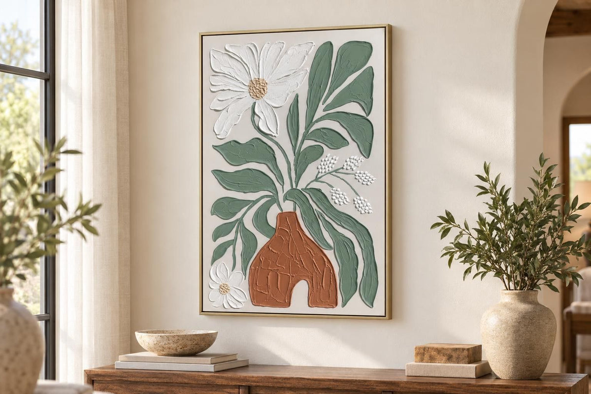 Clay Vessel Blooms I - 24 X 35 - Hand-Painted Canvas In Frame - Textured, White, Sage Green, Terracotta Brown, Beige, Champagne Frame