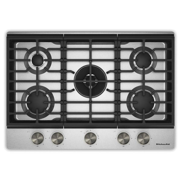 KitchenAid 30" Gas Cooktop With 5 Burners And Integrated Wok Grate, 17,000 BTU Professional Dual Ring Burner - Stainless Steel