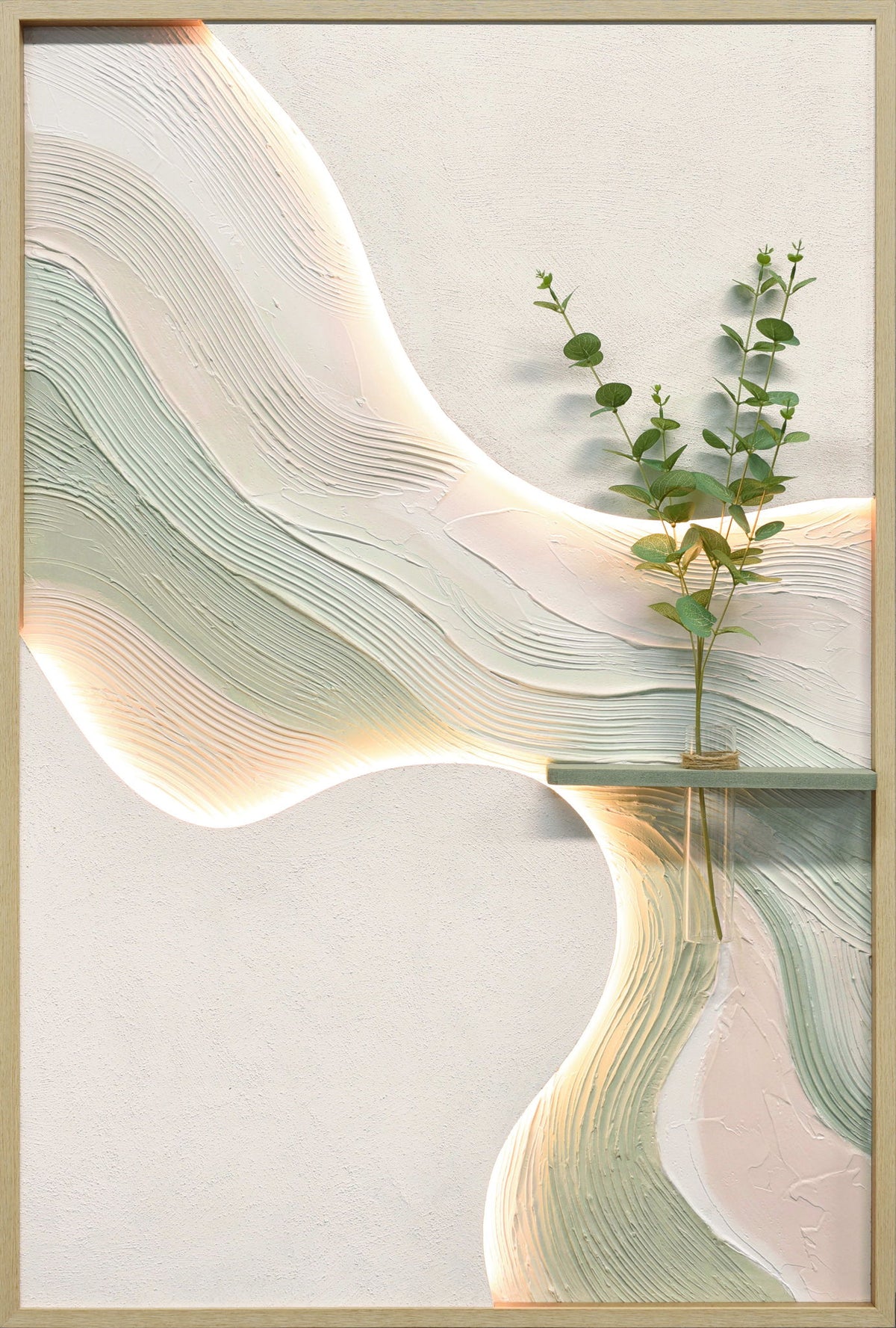 Sage Ribbon I - 33 X 48 - Hand-Painted Neon Canvas In Frame - White