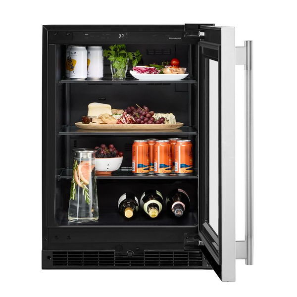 24" Undercounter Refrigerator With Glass Door - Black Cabinet / Stainless Doors