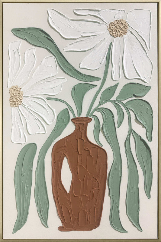 Clay Vessel Blooms II - 24 X 35 - Hand-Painted Canvas In Frame - Textured, White, Sage Green, Terracotta Brown, Beige, Champagne Frame