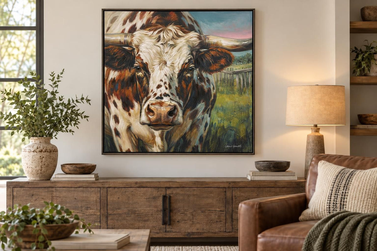 Pasture Witness - 34 X 34 - Hand-Embellished Canvas In Frame - Rust Brown