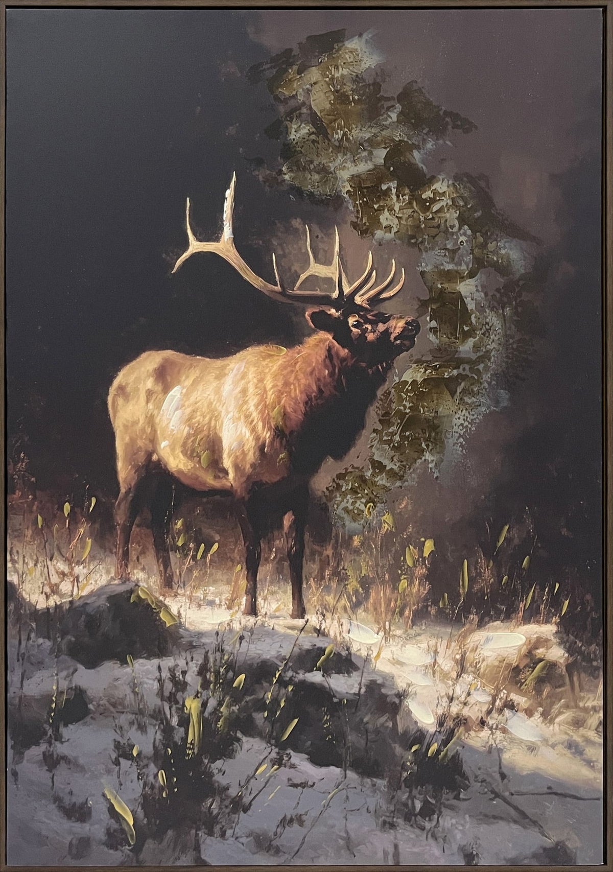 Elk At Dusk - 28 X 40 - Hand-Embellished Canvas In Frame - Brown