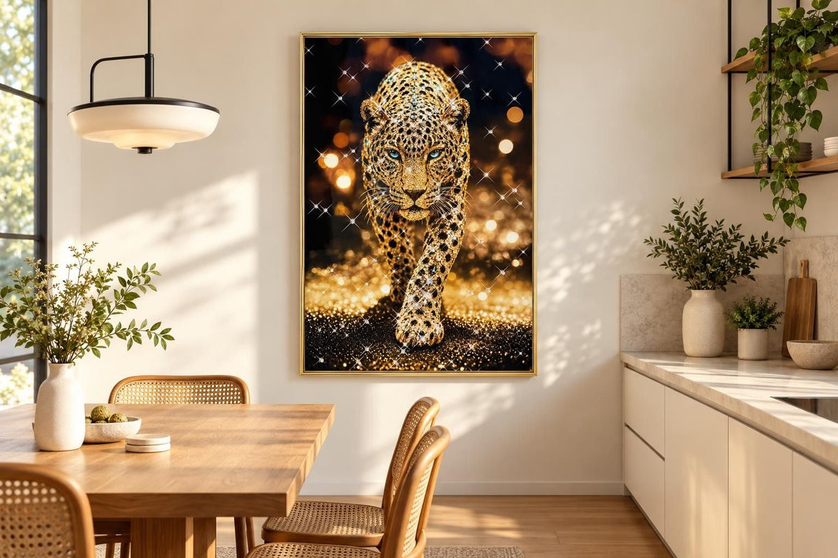 Gilded Leopard Stride - 32 X 47 - Gloss With Foil & Rocks In Frame - Gold, Black