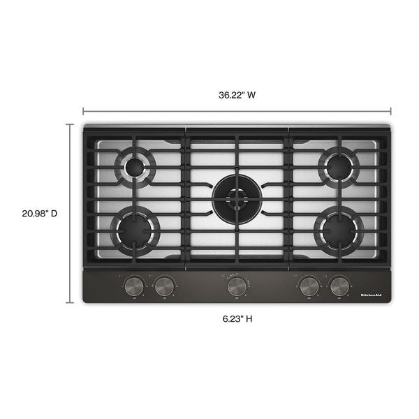 KitchenAid 36" Gas Cooktop With 5 Burners And Integrated Wok Grate, 20,000 BTU Professional Dual Ring Burner - Black Ore