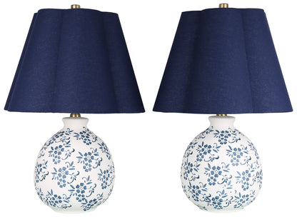 Indigo Petal - 22 X 15 - Ceramic Accent Lamp (Set of 2) - White, Blue Chinoiserie
