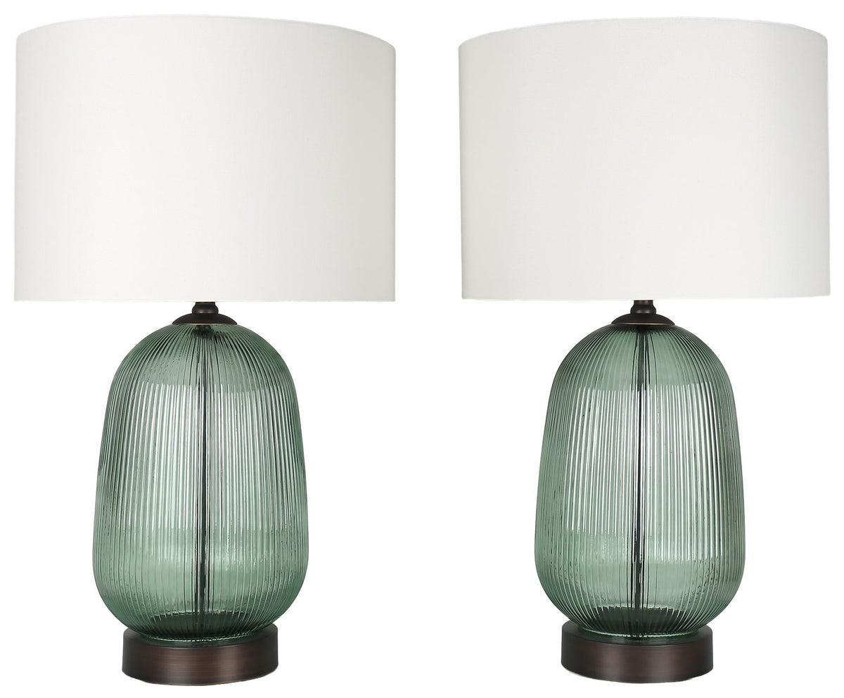 Willow Reverie - 28 X 16 - Ribbed Glass Table Lamp (Set of 2) - Sage Green Ribbed Glass