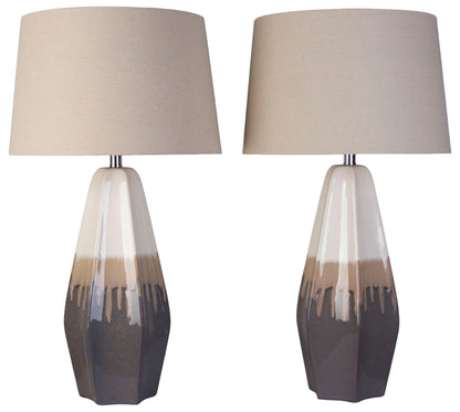 Ashen Cascade - 32 X 17 - Ceramic Table Lamp (Set of 2) - Ivory Mushroom Charcoal Drip Glaze
