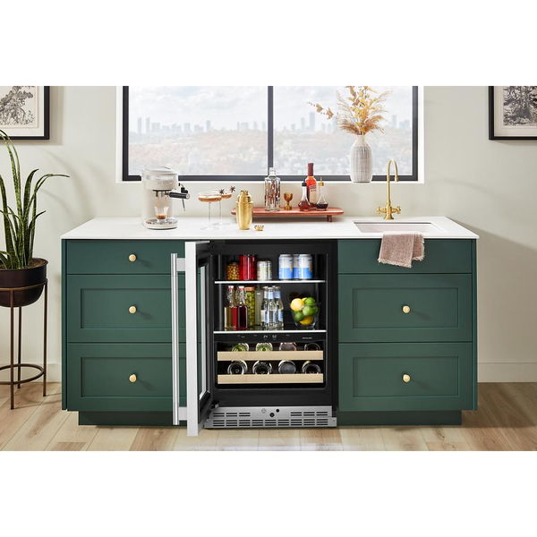 24" Beverage Center With Glass Door And Wood-Front Racks - PrintShield Stainless Finish