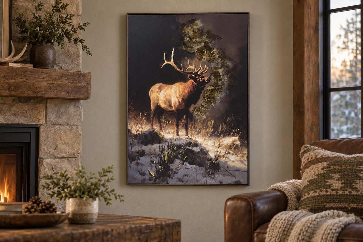 Elk At Dusk - 28 X 40 - Hand-Embellished Canvas In Frame - Brown
