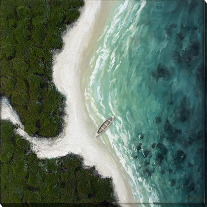 Hidden Lagoon - 40 X 40 - Hand-Painted Wrapped Canvas With Faux Moss - Turquoise