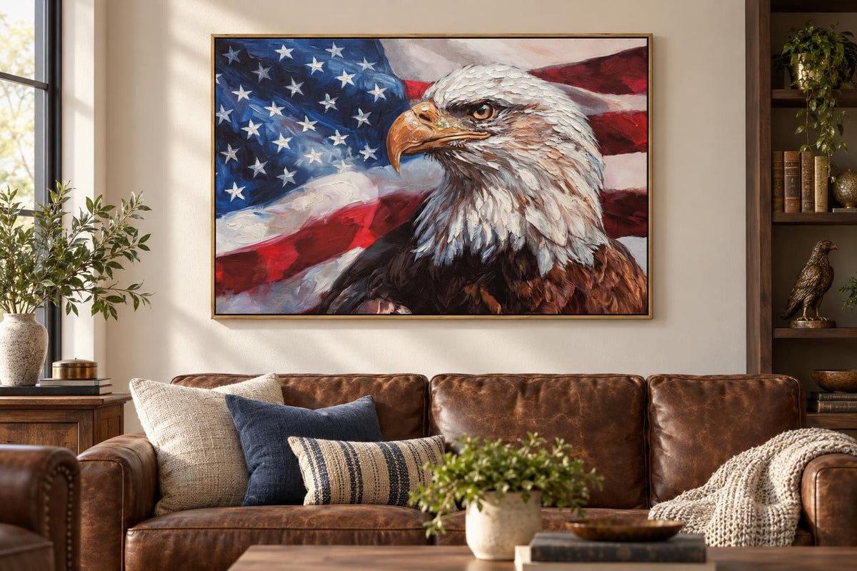 Liberty'S Steady Gaze - 48 X 32 - Hand-Embellished Canvas In Frame - Red, White, Blue, Brown