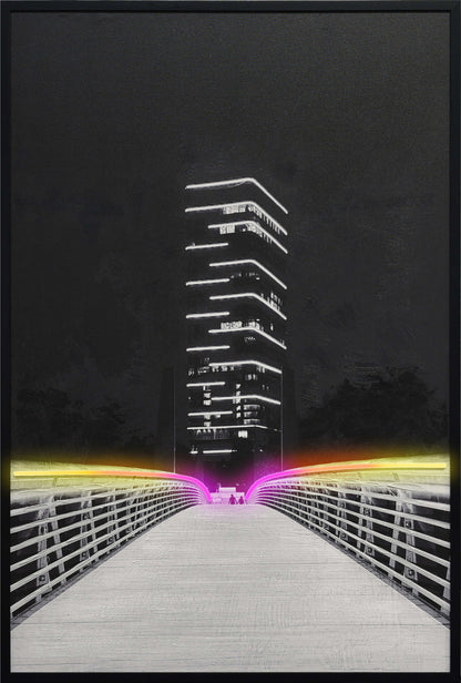 Electric Promenade - 32 X 48 - Hand-Embellished Color Changing Neon Canva - Black