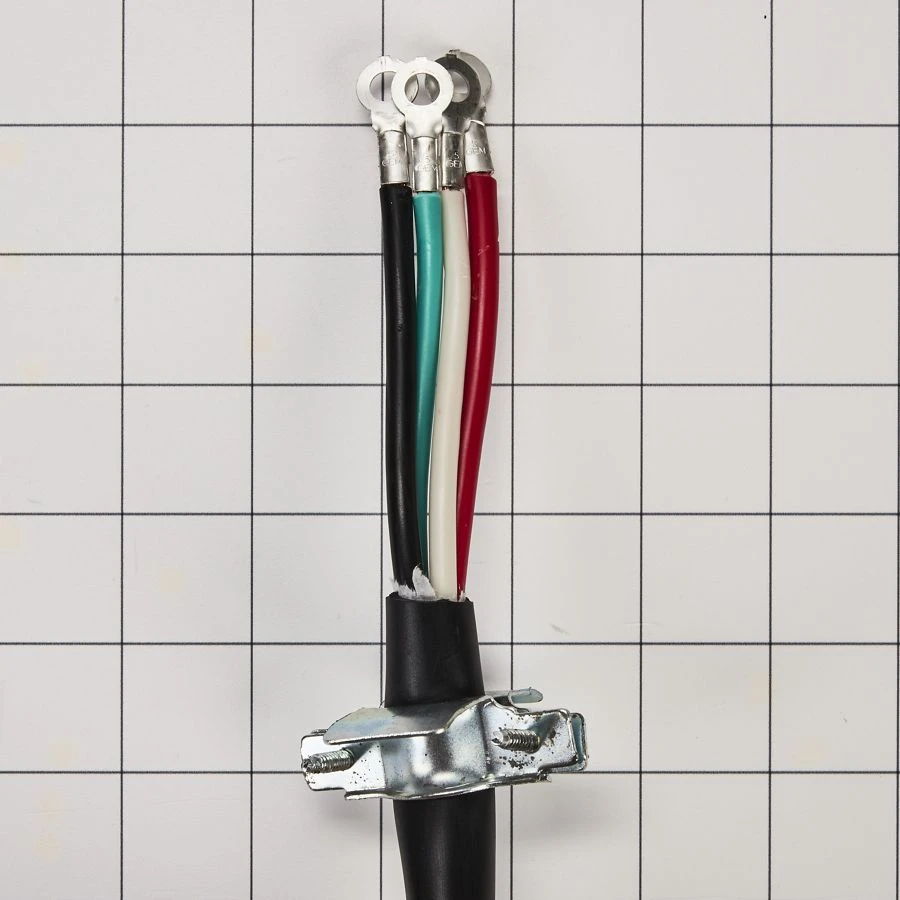 4' 4-Wire Range Power Cord, Rated 40 A, With 4-Wire, 4-Ring Terminal Connectors, And Right-Angle 4-Prong Plug - Black