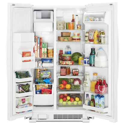 36" Wide Side-By-Side Refrigerator, 25 Cubic Feet, Frameless Glass Shelves - White