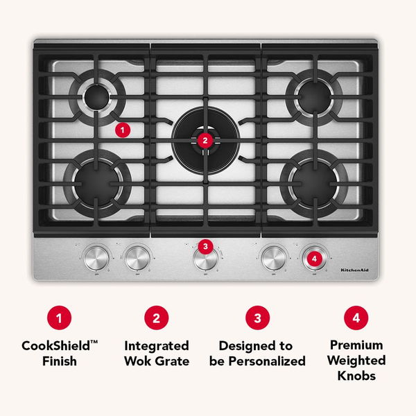 KitchenAid 30" Gas Cooktop With 5 Burners And Integrated Wok Grate, ADA Compliant - Black Ore