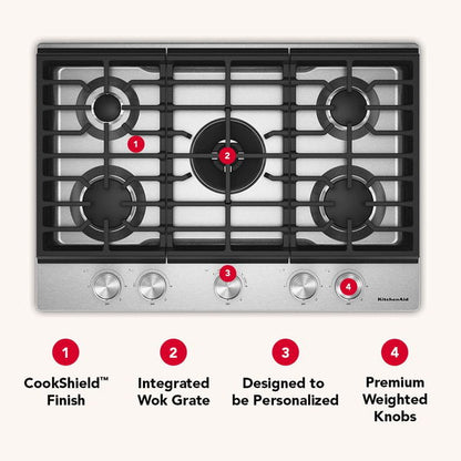 KitchenAid 30" Gas Cooktop With 5 Burners And Integrated Wok Grate, ADA Compliant - Black Ore