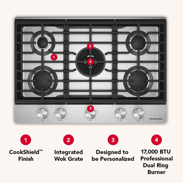 KitchenAid 30" Gas Cooktop With 5 Burners And Integrated Wok Grate - Black Ore