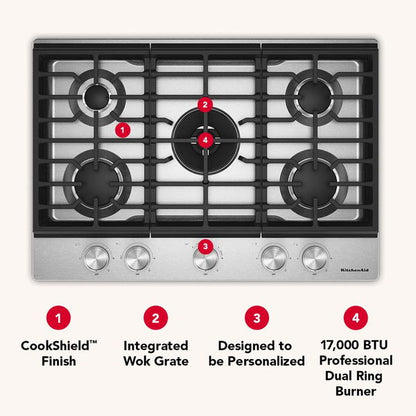 KitchenAid 30" Gas Cooktop With 5 Burners And Integrated Wok Grate - Black Ore