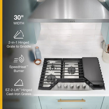 30" Gas Cooktop With 2-In-1 Hinged Grate To Griddle - Stainless Steel