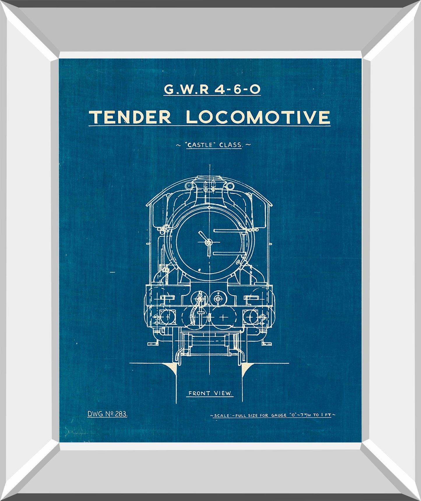 Locomotive Blueprint II By Wild Apple Portfolio - Mirror Framed Print Wall Art - Blue