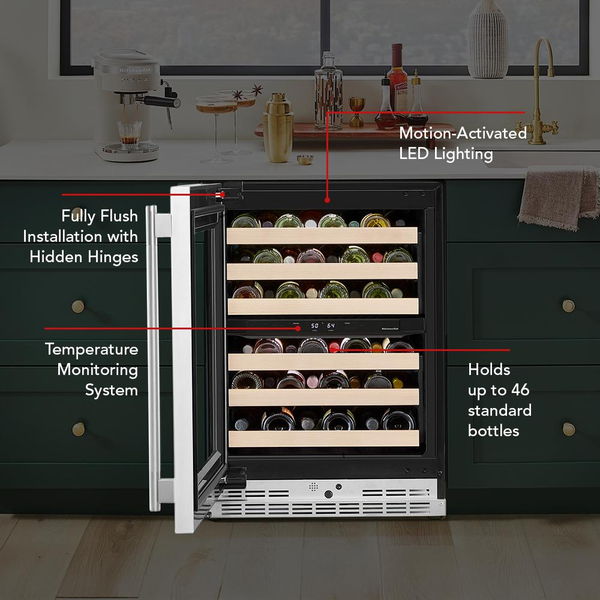 24" Undercounter Wine Cellar With Full-Extension Wood-Front Racks - PrintShield Stainless Finish