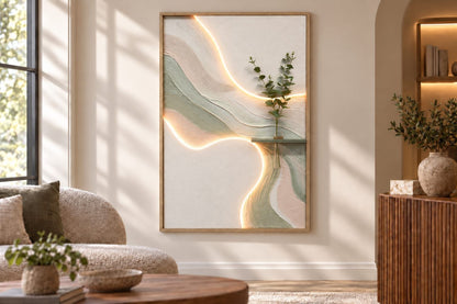 Sage Ribbon I - 33 X 48 - Hand-Painted Neon Canvas In Frame - White