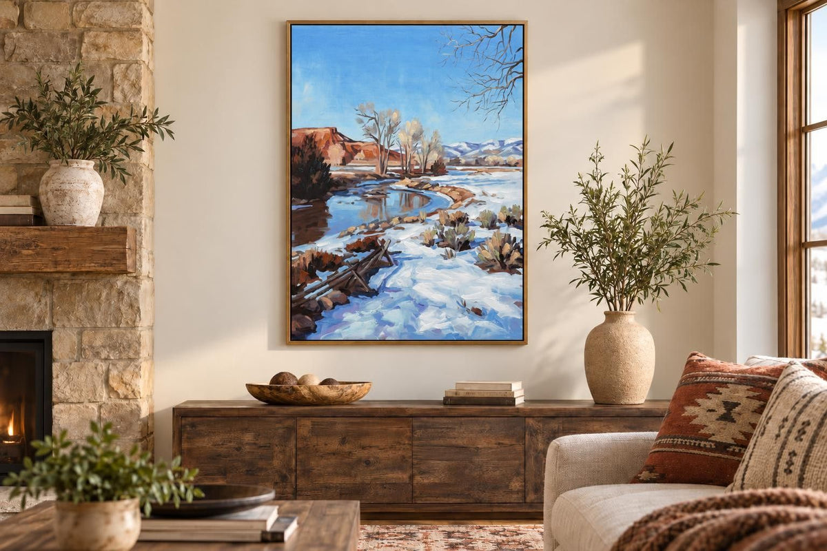 Snow Along The Mesa - 35 X 47 - Hand-Embellished Canvas In Frame - Blue, White, Brown