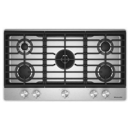 KitchenAid 36" Gas Cooktop With 5 Burners And Integrated Wok Grate - Stainless Steel