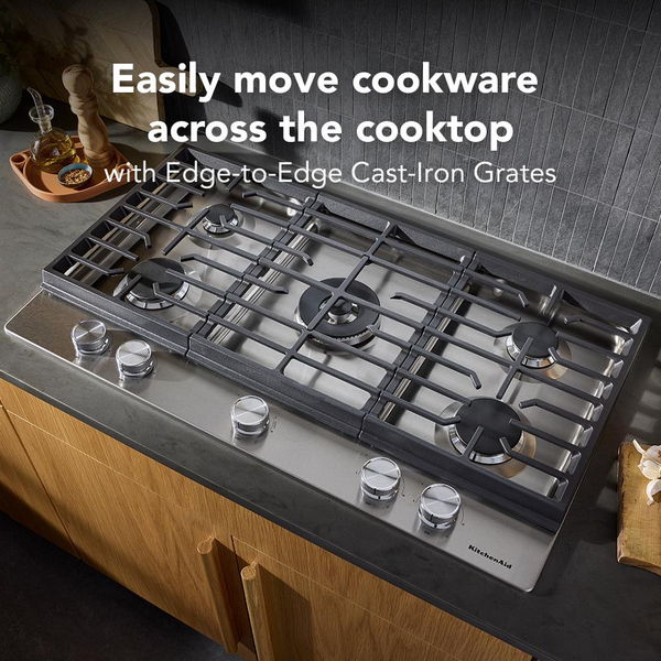 KitchenAid 36" Gas Cooktop With 5 Burners And Integrated Wok Grate - Stainless Steel