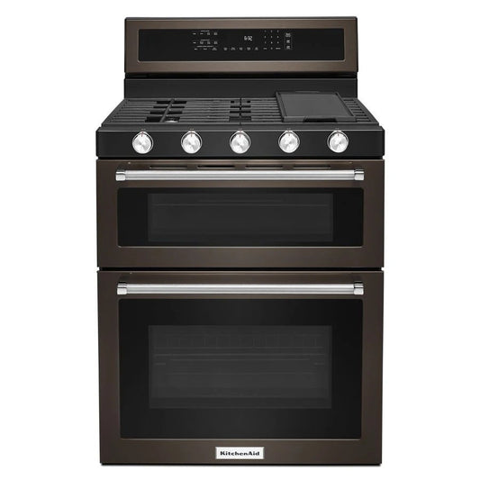 30" 5 Burner Gas Double Oven Convection Range - Black Stainless Steel With PrintShield Finish