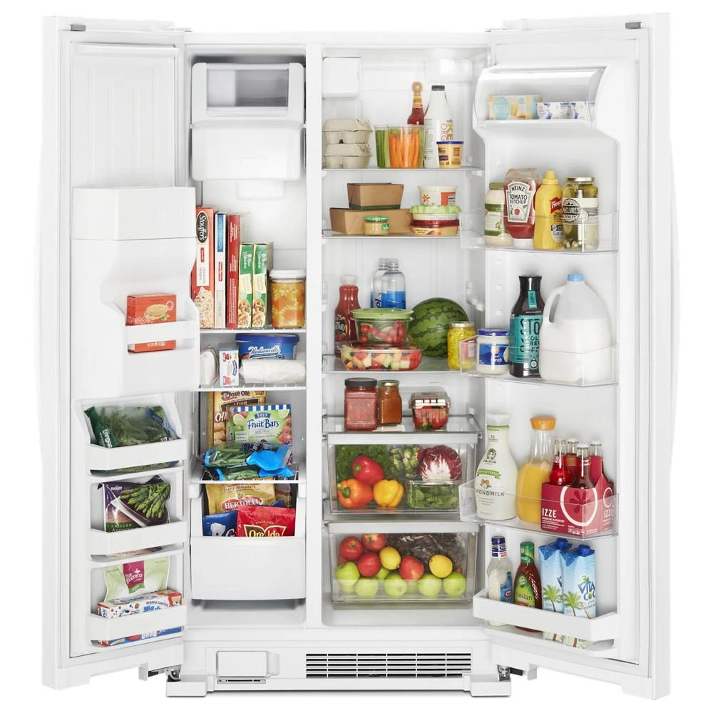 33" Wide Side-By-Side Refrigerator, 21 Cubic Feet, Frameless Glass Shelves - White
