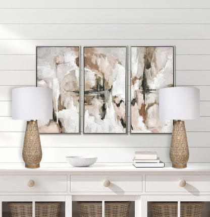 "Celestial Carve" Laser Cut Metal Table Lamp With Night Light (Set of 2) - Distressed White / Distressed Tan